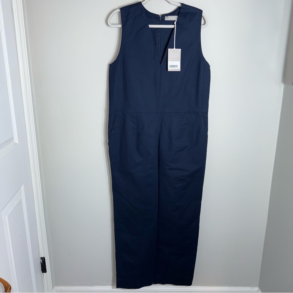Everlane Sleeveless V-Neck Jumpsuit-Pockets-Navy Blue-Cotton Blend-Size 12-NWT - Picture 2 of 11